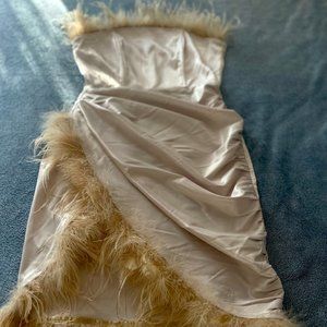 Satin Nude Strapless Feathered Detail Bodycon Dress